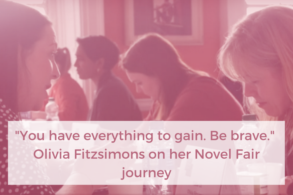 Photo of Olivia Fitzsimons pitching her novel at Novel Fair with the quote "You have everything to gain. Be brave."